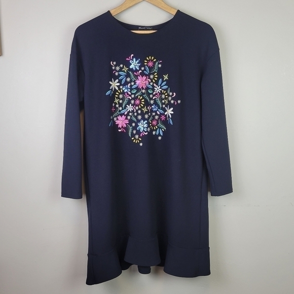 Zara Embroidered Shift Dress Long Sleeve Ruffle Hem Black S - Picture 11 of 11